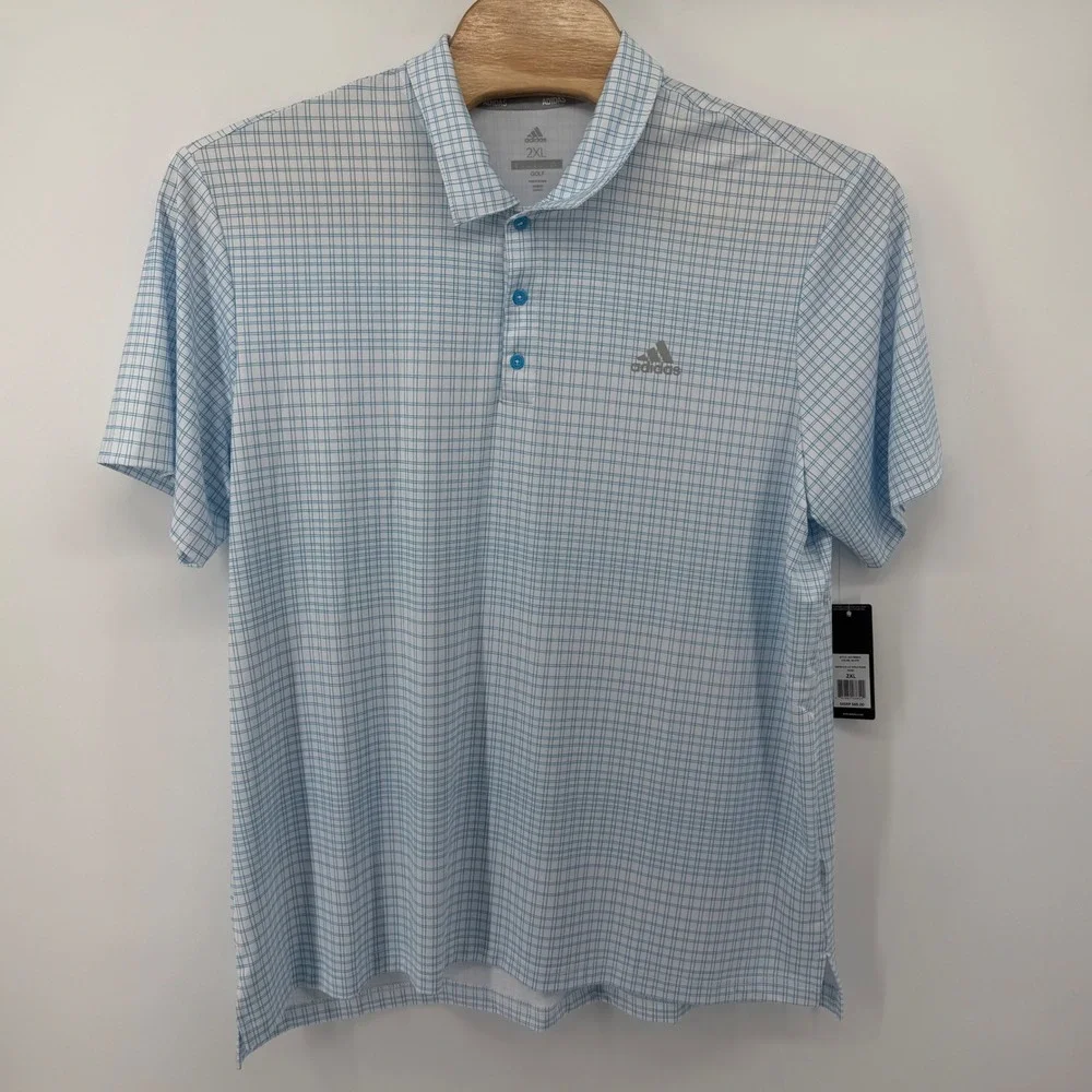 Adidas Golf Polo Mens 2XL White Blue Plaid Ultimate Print ADVR0845 UPF 50